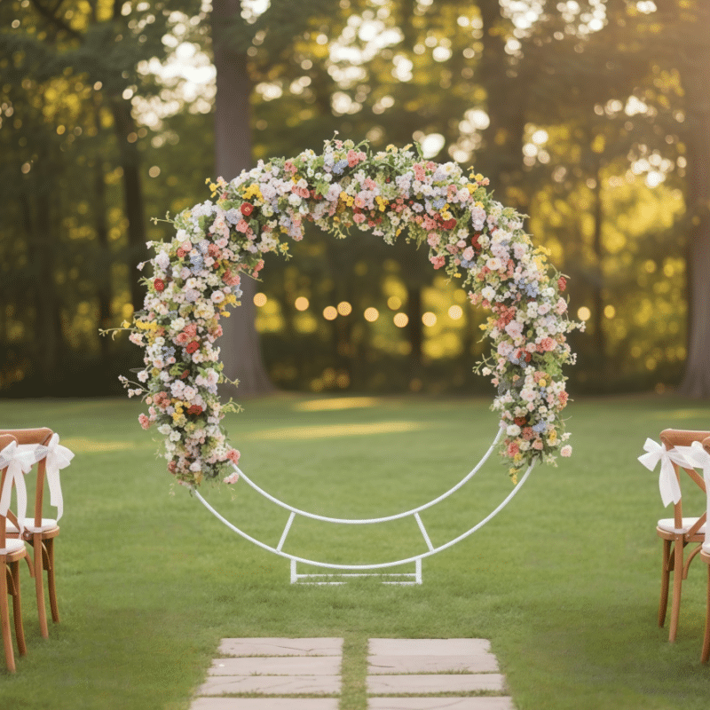 Round Floral Arch Display Lush Wildflower-Inspired Silk Installation with Pastel Pink, Yellow, Blue & White