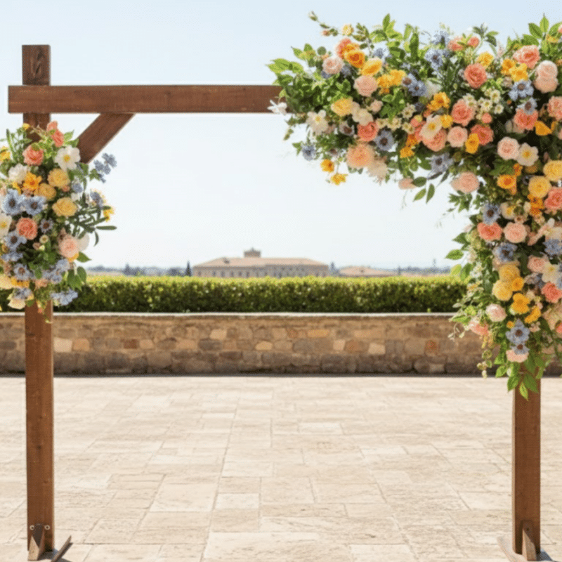 Faux Floral Arch Arrangement Ceremony Backdrop with Soft Blue, Blush Pink, Yellow and White