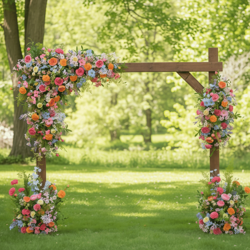 Artificial Wedding Arch Flowers Bright Silk Floral Design in , Yellow, Pink & Blue for Rustic or Garden Ceremony Decor