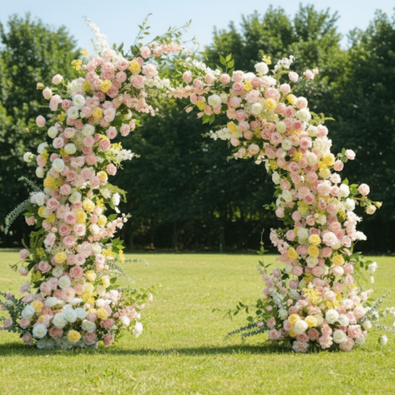 Horn Arch Flower Arrangement Freestanding Artificial Wedding Floral Columns With Silk Roses in Blush Pink, Cream & Soft Yellow