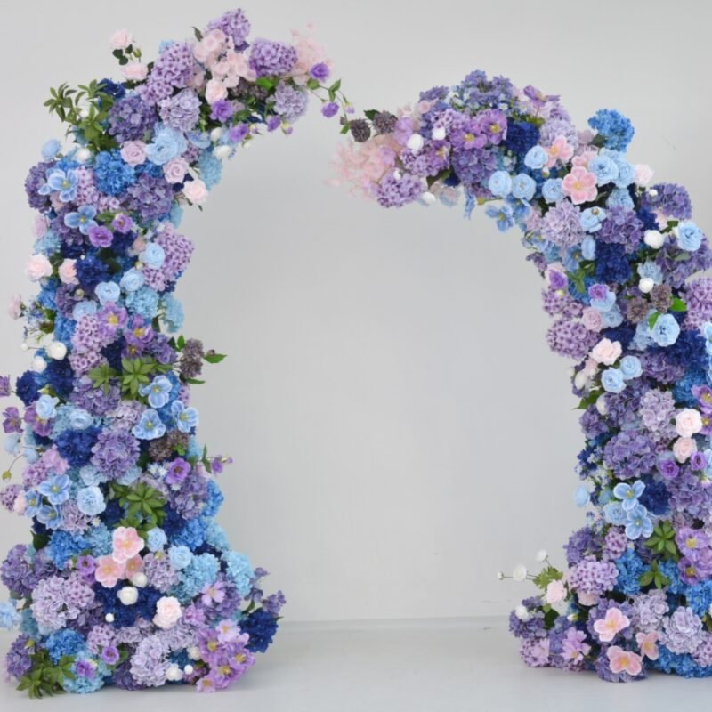 Horn Arch Flower Arrangement Freestanding Artificial Floral for Weddings Events With Silk Blue,  Purple Blend with Pastel Accents
