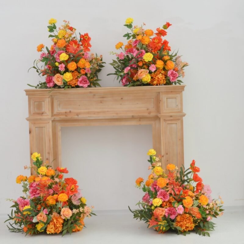 Artificial Fireplace Floral Display – Bold Silk Arrangement Set in Orange, Yellow, Red & Coral for Statement Ceremony or Mantel Decor