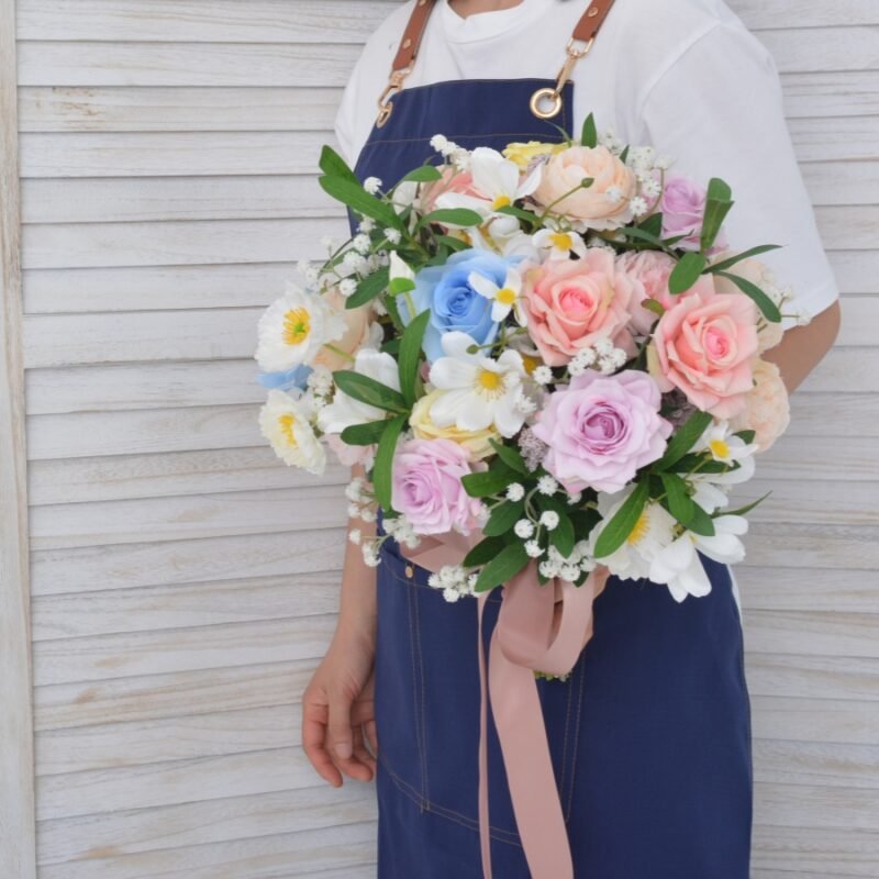 Bridal Bouquet with Artificial Roses & Daisies – Soft Pastel Silk Flowers in Blush Pink, Sky Blue, White & Lavender