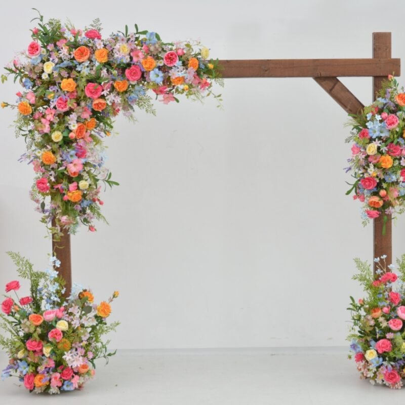 Artificial Wedding Arch Flowers Bright Silk Floral Design in , Yellow, Pink & Blue for Rustic or Garden Ceremony Decor