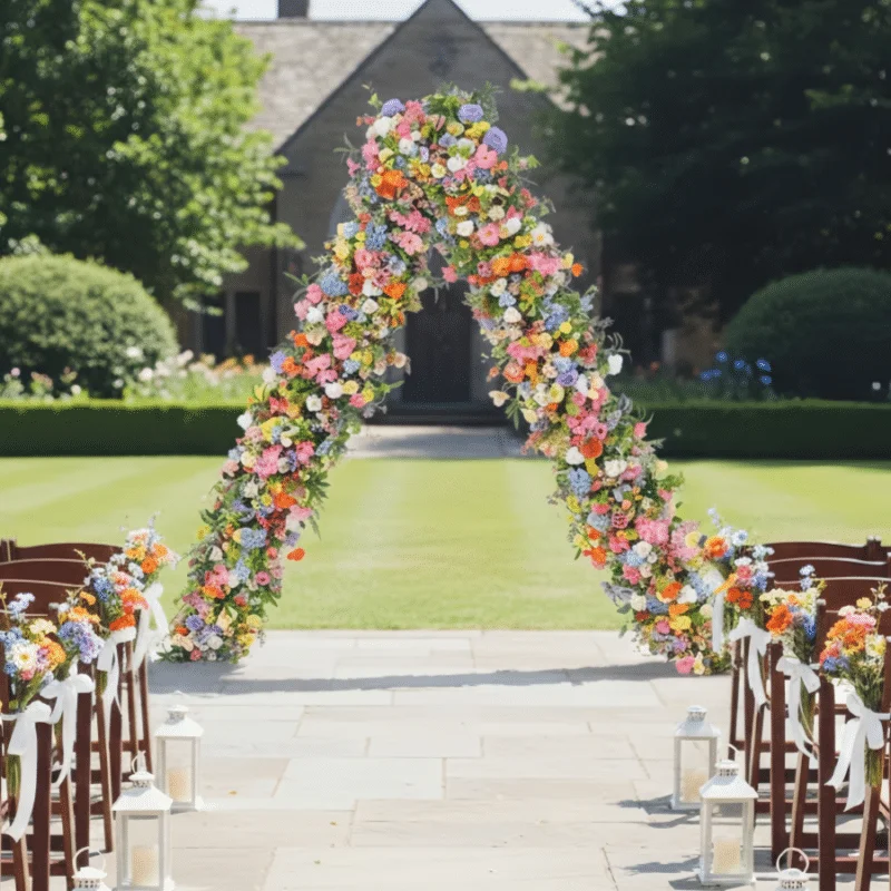 Artificial Floral Frame Arch Display Colorful Ceremony Installation with Pink, Peach, Lavender, Yellow & Blue