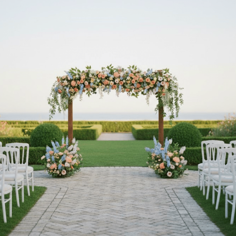 Artificial Wedding Arch Floral Set – Elegant Arrangements in Soft Blue, Peach, Blush Pink and Cream