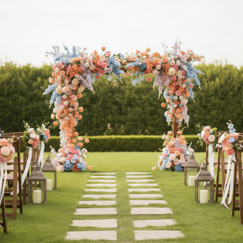 Artificial Flower Arch Arrangement - Romantic Silk Floral Decor for Weddings & Events - Pastel Pink, Peach, Blue, and Lavender