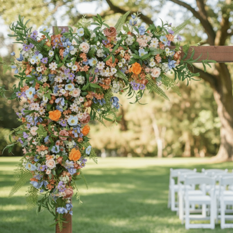 Wildflower Wedding Arch Silk Floral Design in Blue, Peach, Cream and Orange