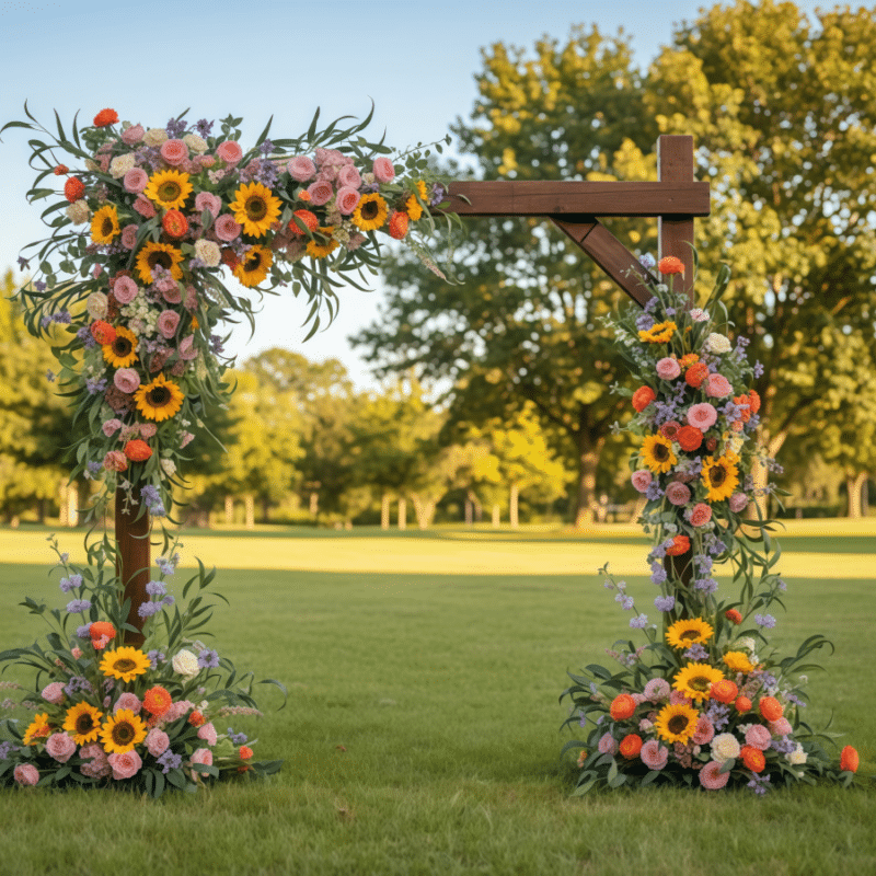 Artificial Wedding Arch Flowers Vibrant Silk Floral Design with Sunflowers, Blush Pink, Orange and Lavender for Ceremony Decor