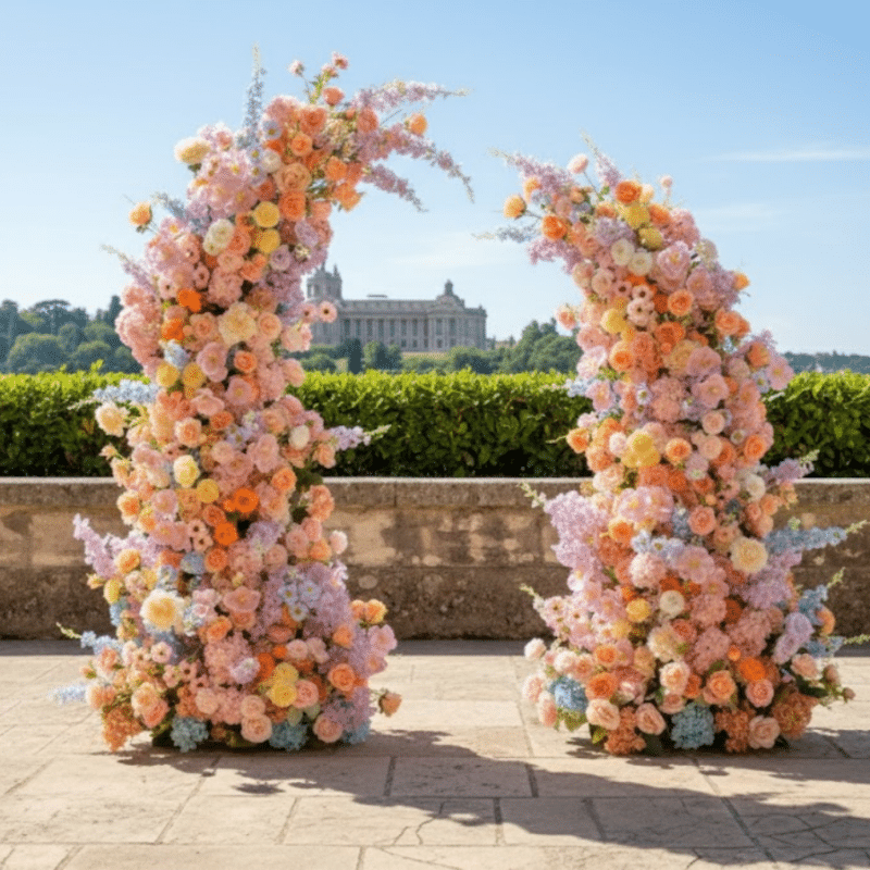Horn Arch Flower Pillars – Freestanding Artificial Floral Columns for Weddings Events Silk Pastel Mix in Peach, Blush, Lavender & Blue