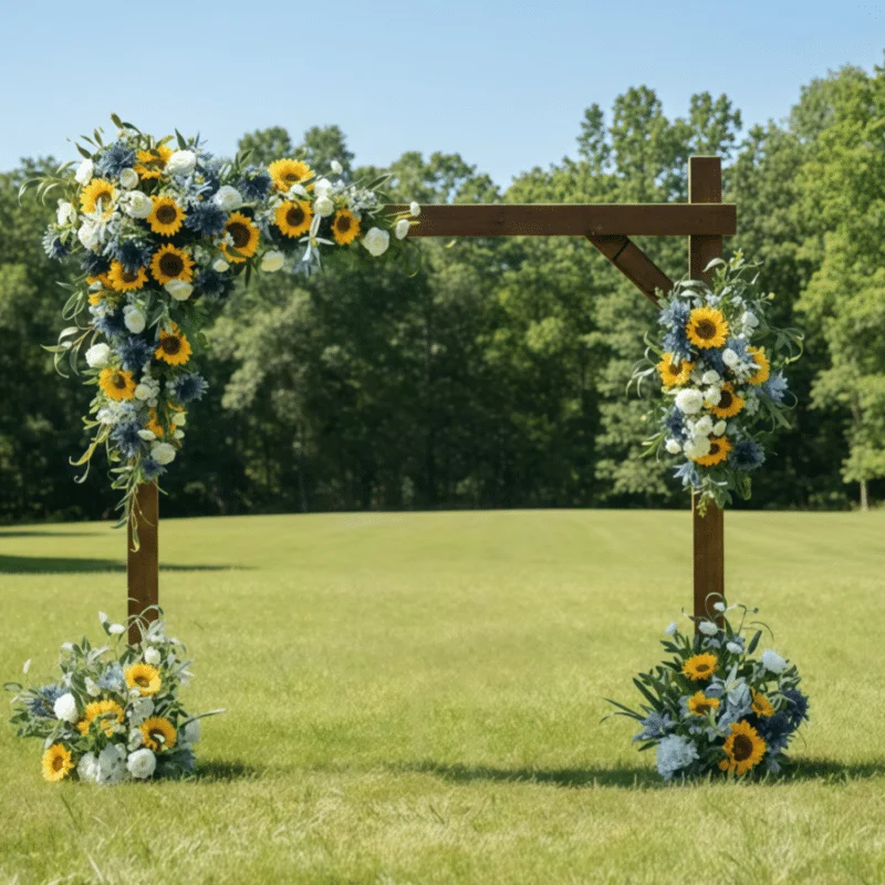 Artificial Floral Arch Decoration Vibrant Ceremony Backdrop Set Featuring Sunflowers, Blue and White Accents