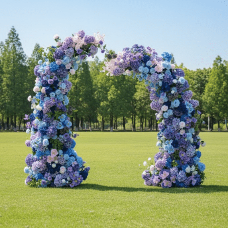 Horn Arch Flower Arrangement Freestanding Artificial Floral for Weddings Events With Silk Blue,  Purple Blend with Pastel Accents