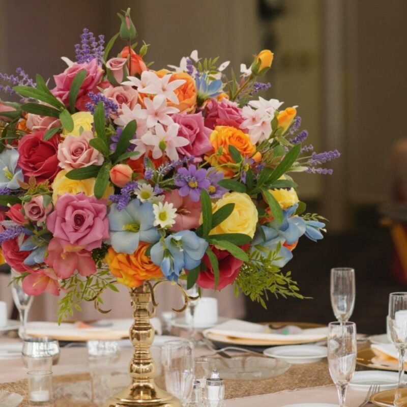 Lush Wedding Floral Set for Aisle and Mantle – Vibrant Ceremony Arrangements with Rose & Wildflower Accents