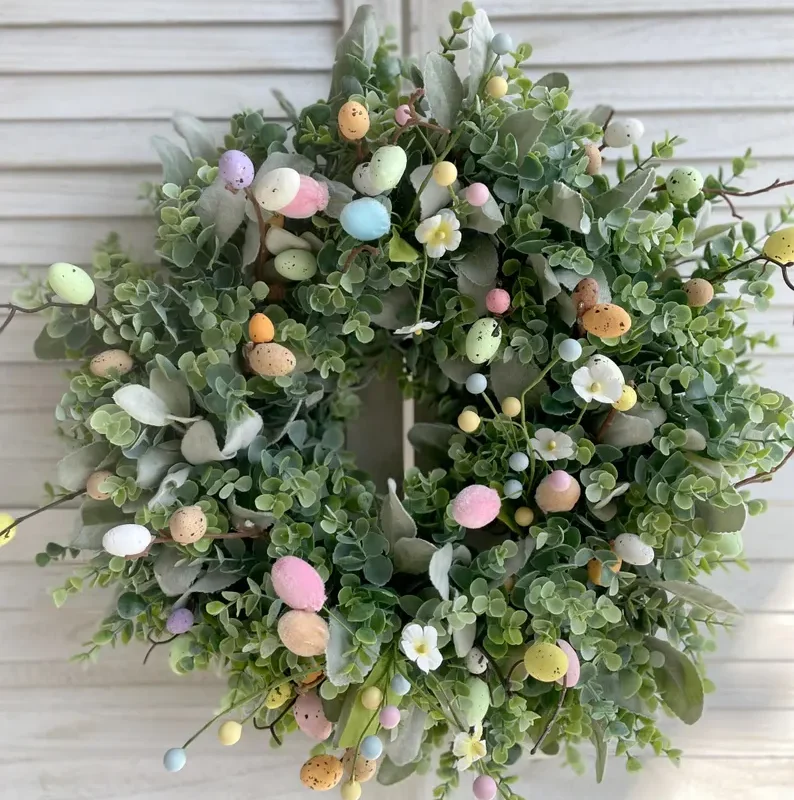 Pastel Easter Egg Wreath Spring Faux Greenery Door Decor