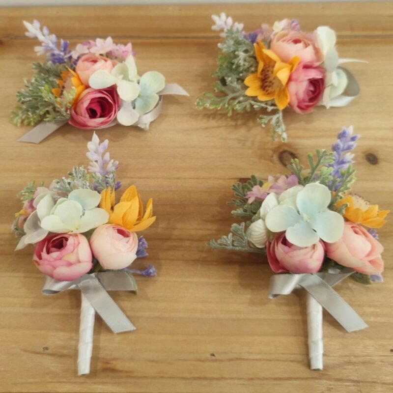 Boutonniere and Wrist Corsage Set for Weddings or Proms – Handcrafted Faux Florals in Peach, Blush & Lavender