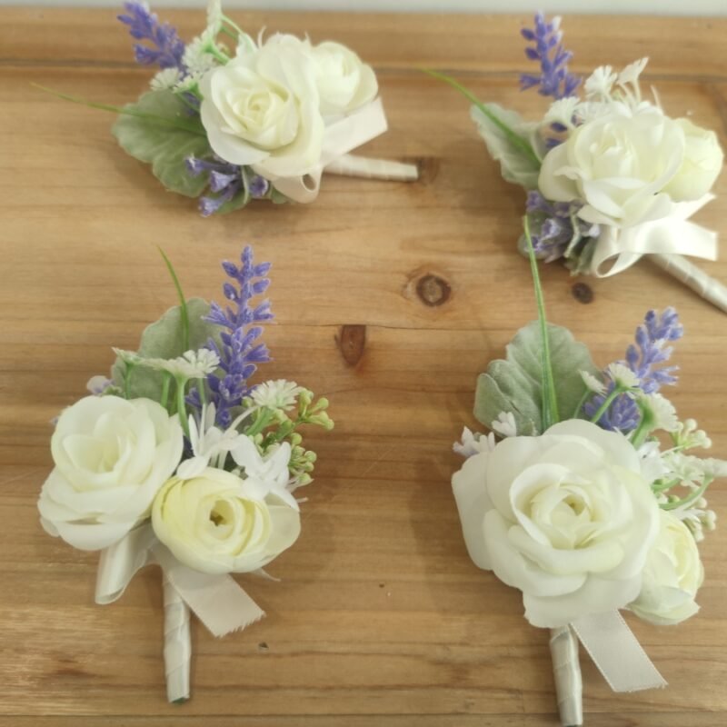 Elegant White & Lavender Floral Boutonniere & Wrist Corsage Set – Artificial Flowers for Wedding Party or Prom