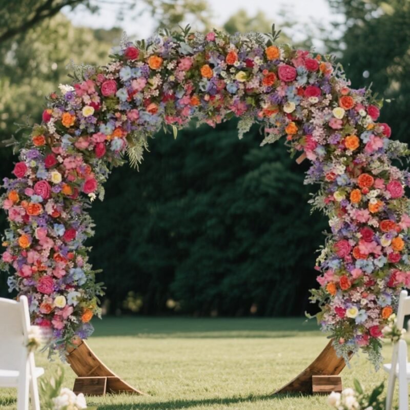 Colorful Faux Flower Arch with Pink, Orange, Blue, and Lavender Blooms – Full Circle Backdrop Décor for Wedding or Events