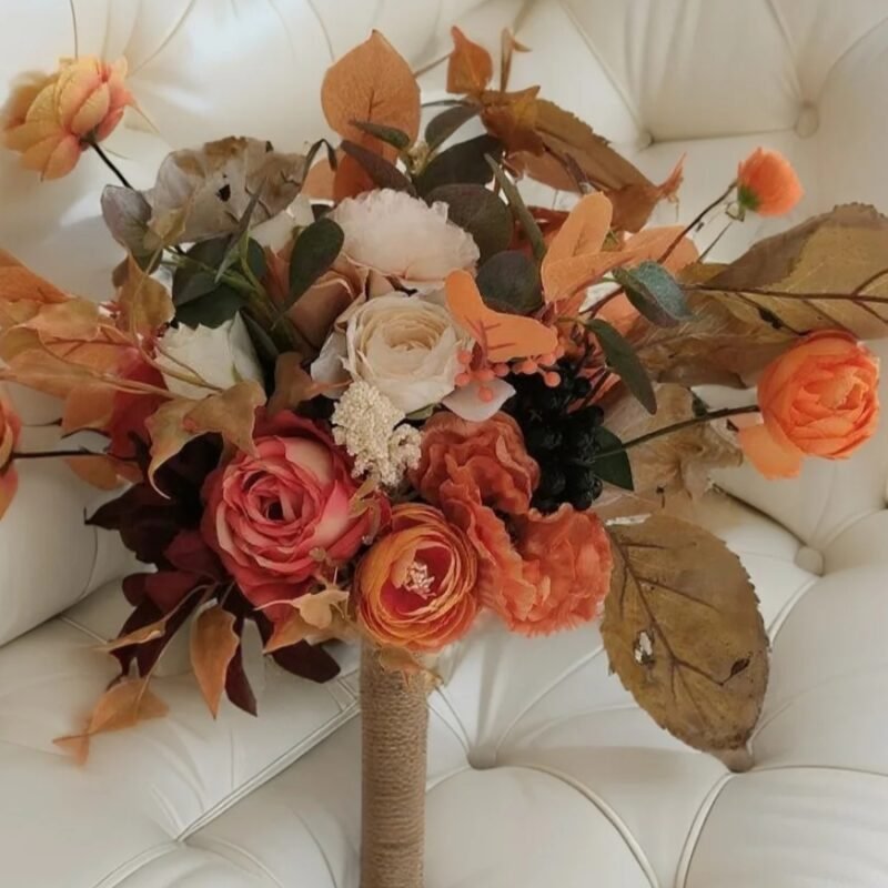 Artificial Fall Bridal Bouquet – Silk Burnt Orange & Mocha Rose Hand-Tied Arrangement for Autumn Wedding, Rustic Elopement & Bridesmaid Carry