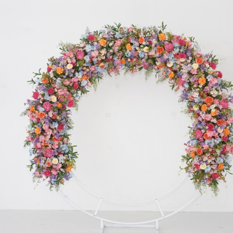 Colorful Faux Flower Arch with Pink, Orange, Blue, and Lavender Blooms – Full Circle Backdrop Décor for Wedding or Events