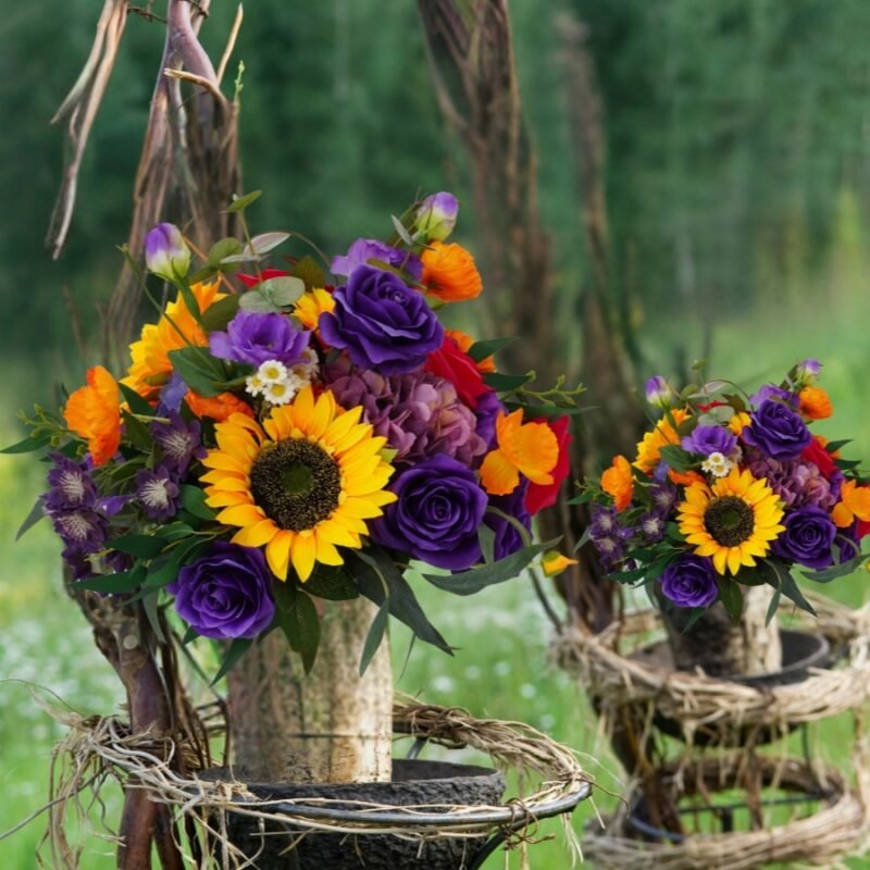 Artificial Sunflower Bridal Bouquet – Vibrant Purple Rose & Yellow Floral Hand-Tied Arrangement for Summer Wedding & Bridesmaid Carry