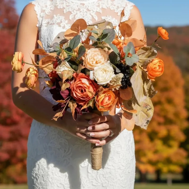 Artificial Fall Bridal Bouquet – Silk Burnt Orange & Mocha Rose Hand-Tied Arrangement for Autumn Wedding, Rustic Elopement & Bridesmaid Carry