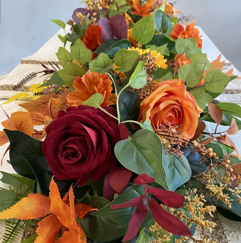 Fall-Inspired Artificial Floral Garland with Burgundy and Burnt Orange Accents for Tablescape or Mantel Décor