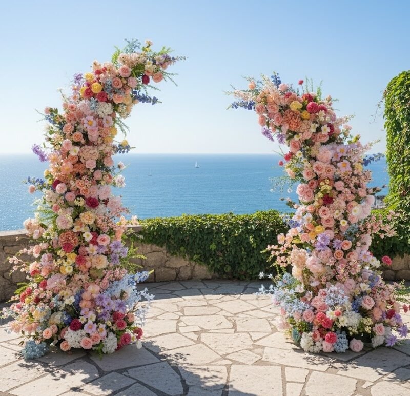 Horn Arch Arrangement Set – Silk Statement Flowers for Ceremony Backdrop and Aisle Décor Pastel Multicolor