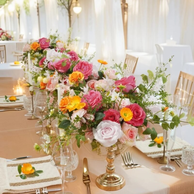 Artificial Floral Wedding Centerpiece Arrangement Table Decor in Pink, Peach & Citrus Yellow – Elegant Reception Decoration