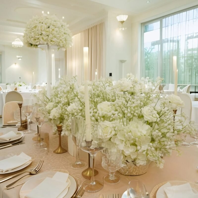 Artificial White Wedding Table Garland & Floral Ball Centerpieces Elegant Silk Rose & Baby’s Breath Arrangement for Reception, Ceremony, and Event Décor