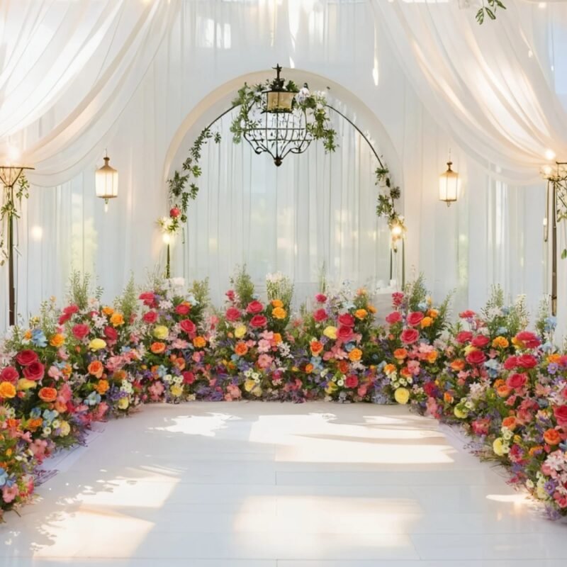 Artificial Ground Floral Arrangement Set – Vibrant Ceremony Stage Flowers for Wedding Aisle, Backdrop Borders & Event Decor – Multicolor Garden Style