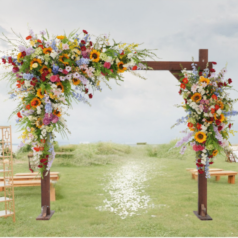 Colorful Faux Wedding Arch Flowers with Wildflower-Inspired Swag and Tiebacks for Outdoor Ceremony Decor – Bright Mixed Color Palette