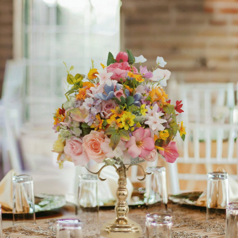 Wedding Reception Table Centerpiece with Assorted Blooms – Vibrant Pastel Floral Arrangement for Elegant Banquets and Celebrations yellow pink purple mix