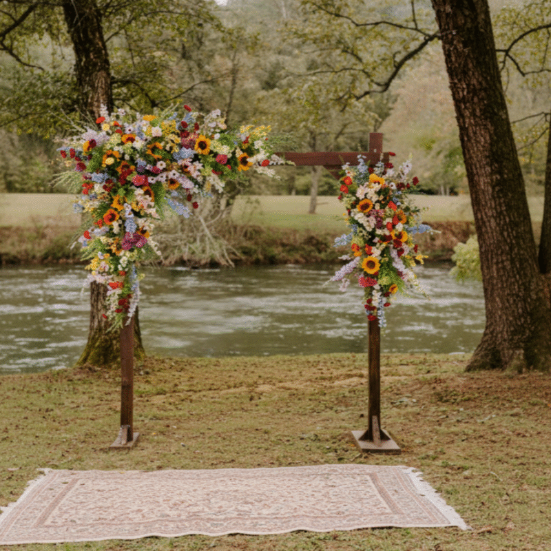 Colorful Faux Wedding Arch Flowers with Wildflower-Inspired Swag and Tiebacks for Outdoor Ceremony Decor – Bright Mixed Color Palette