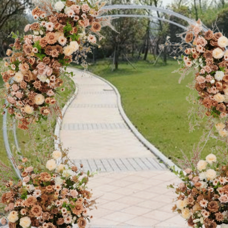 Artificial Moon Gate Garland & Aisle Flowers – Elegant Wedding Backdrop with Silk Florals – Warm Neutral Palette