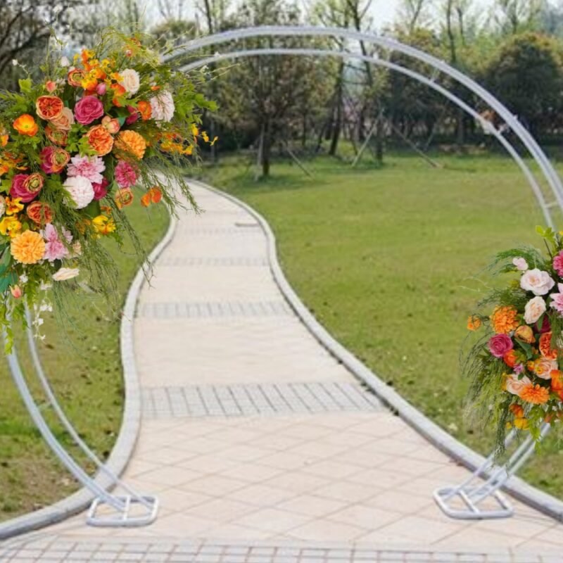 Artificial Half Moon Arch Garland with Vibrant Silk Blooms – Ceremony Backdrop for Weddings & Events – Orange, Pink, Yellow Accent Mix
