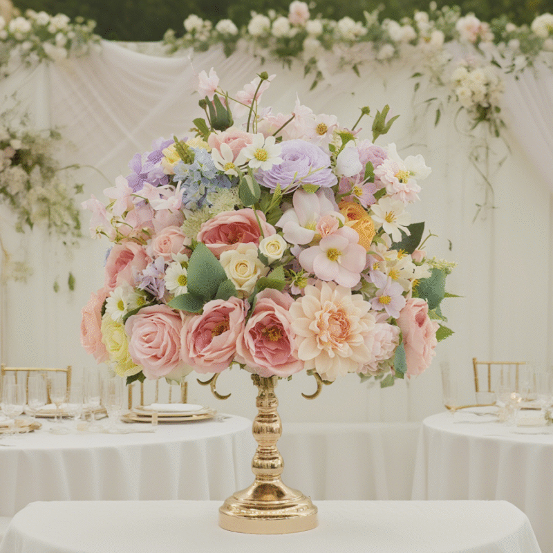Lush Artificial Wedding Table Centerpiece with Tall Gold Stand – Statement Floral Arrangement for Reception Tables – Soft Pastel Mix