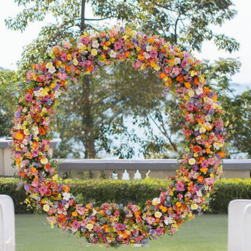 Round Wedding Arch with Full Silk Floral Garland – Artificial Ceremony Backdrop for Indoor & Outdoor Events – Multi-Color Pastel Bloom Mix
