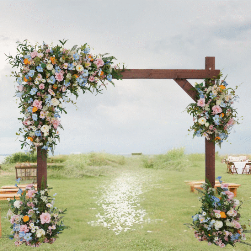 Pastel Arch Flower Arrangement with Matching Aisle Décor – Silk Ceremony Swags and Tiebacks in Pink Blue and Cream Shades
