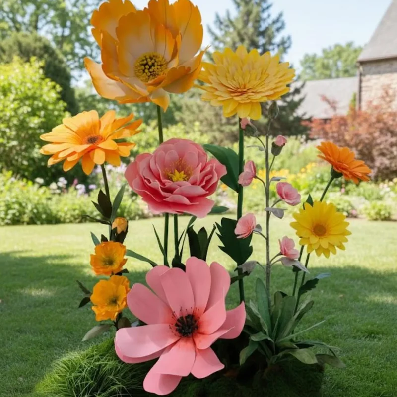 Oversized Orange, Yellow, and Pink Paper Giant Flower Sculptures Event Decor