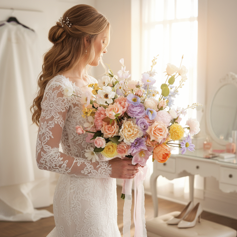 Multi-Color Pastel Silk Bridal Bouquet - Romantic Wedding Flower Arrangement