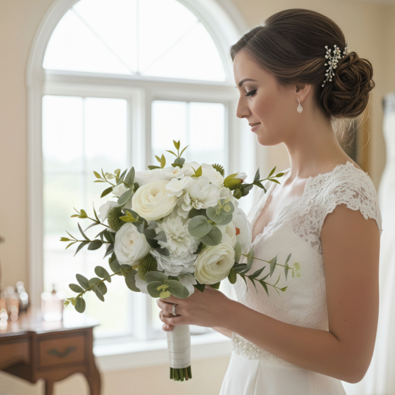 Sage Green and White Silk Bridal Bouquet - Classic Wedding Flower Arrangement