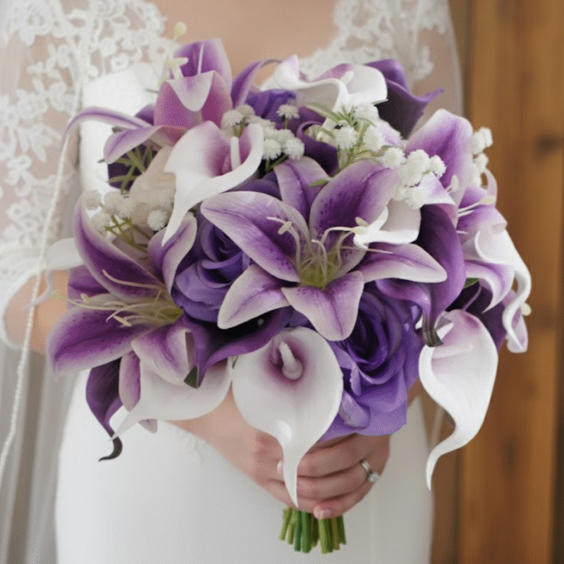 Purple and White Lily Silk Bridal Bouquet - Dramatic Wedding Flowers