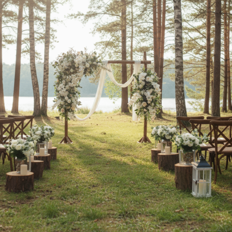 Lush White Silk Flower Arrangement for Wooden Arch - Rustic Ceremony Decor Set