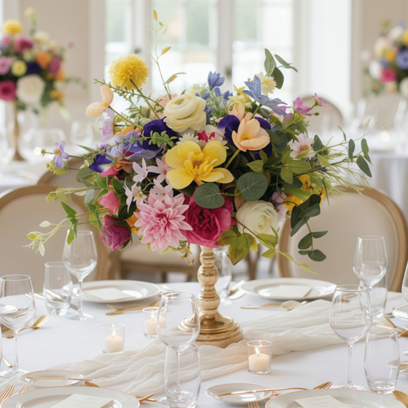 Vibrant Silk Table Centerpiece - Deep Purple, Yellow, Pink, and Greenery