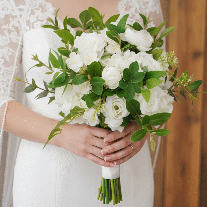 White Silk Rose Bridal Wedding Bouquet with Lush Greenery Accents