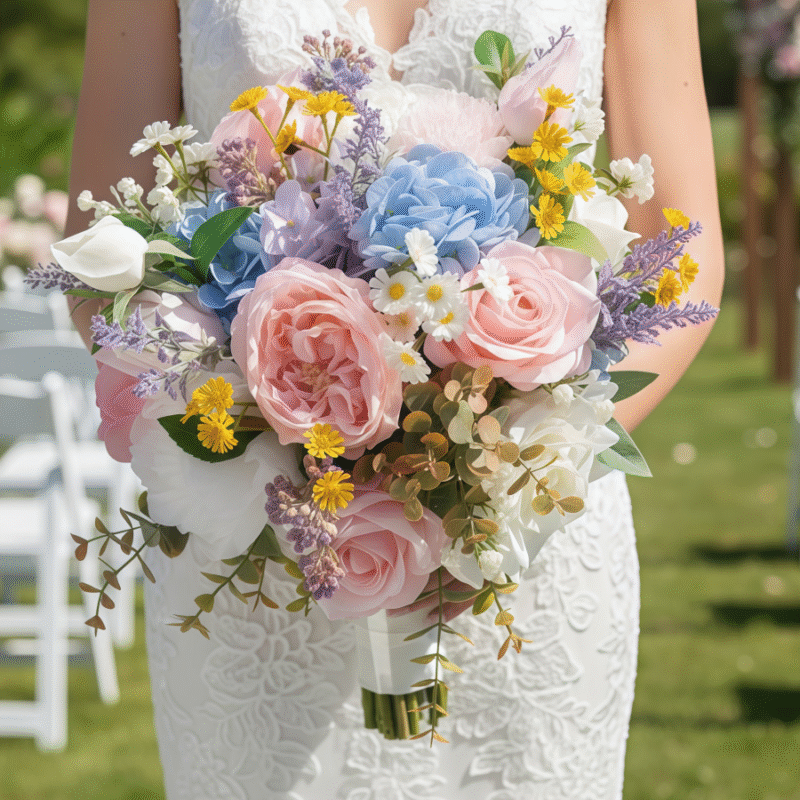 Wildflower Silk Bridal Bouquet - Pastel Pink, Blue, and Lavender Arrangement