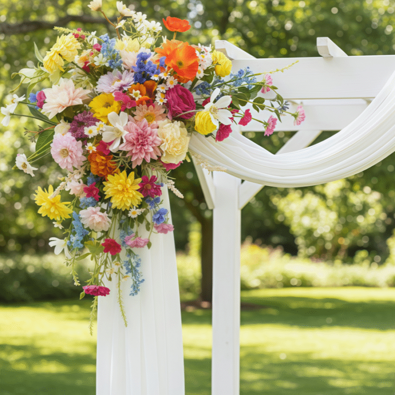 Wildflower Wedding Arch Flowers Pastel Pink, Blue, and Yellow Garden Arrangement