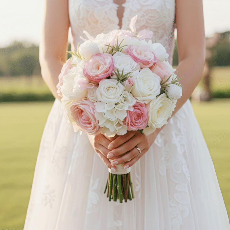 Classic Silk Bridal Bouquet - Soft Pastel Pink and Creamy White Roses
