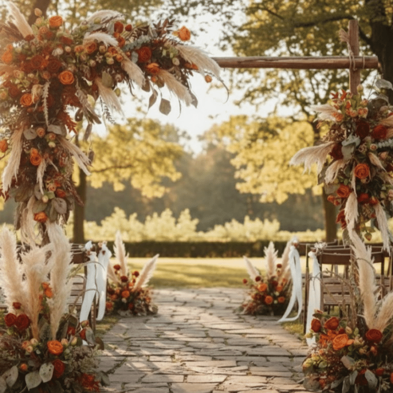 Pampas Wedding Arch Flowers With Terracotta & Burnt Orange Ceremony Decor