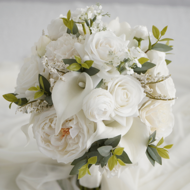 Elegant Silk Bridal Bouquet - White Calla Lily, Rose, and Ranunculus Mix